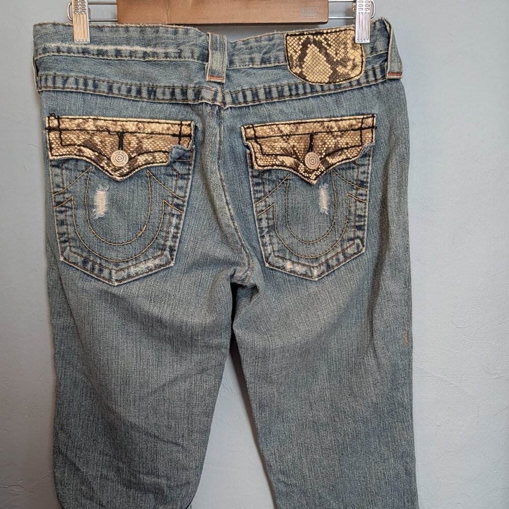 🫰🏼True Religion World Tour Genuine Python Snake Skin Trimmed Distressed Jeans